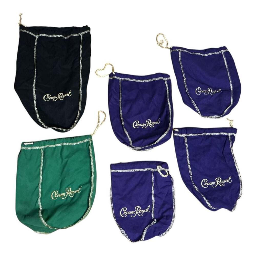 💟Lot of 6 Crown Royal Drawstring Bags Purple Black and Green